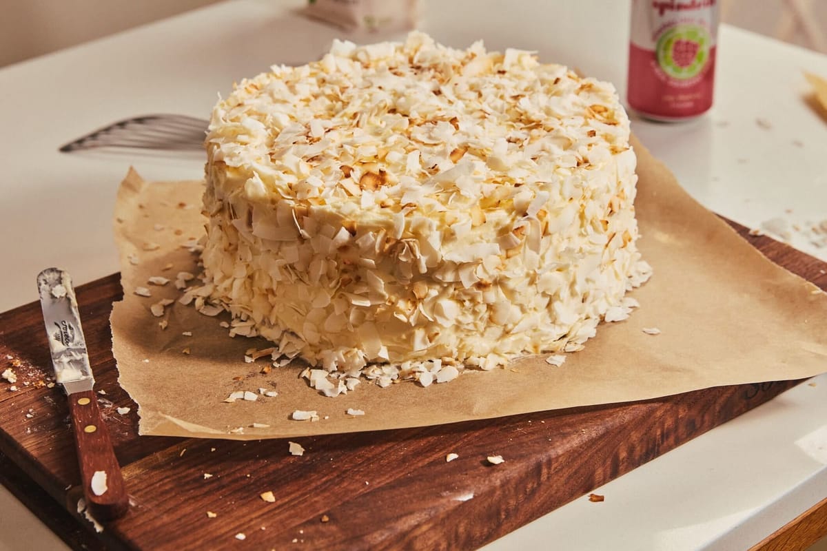 A gorgeous, tall, fluffy coconut cake