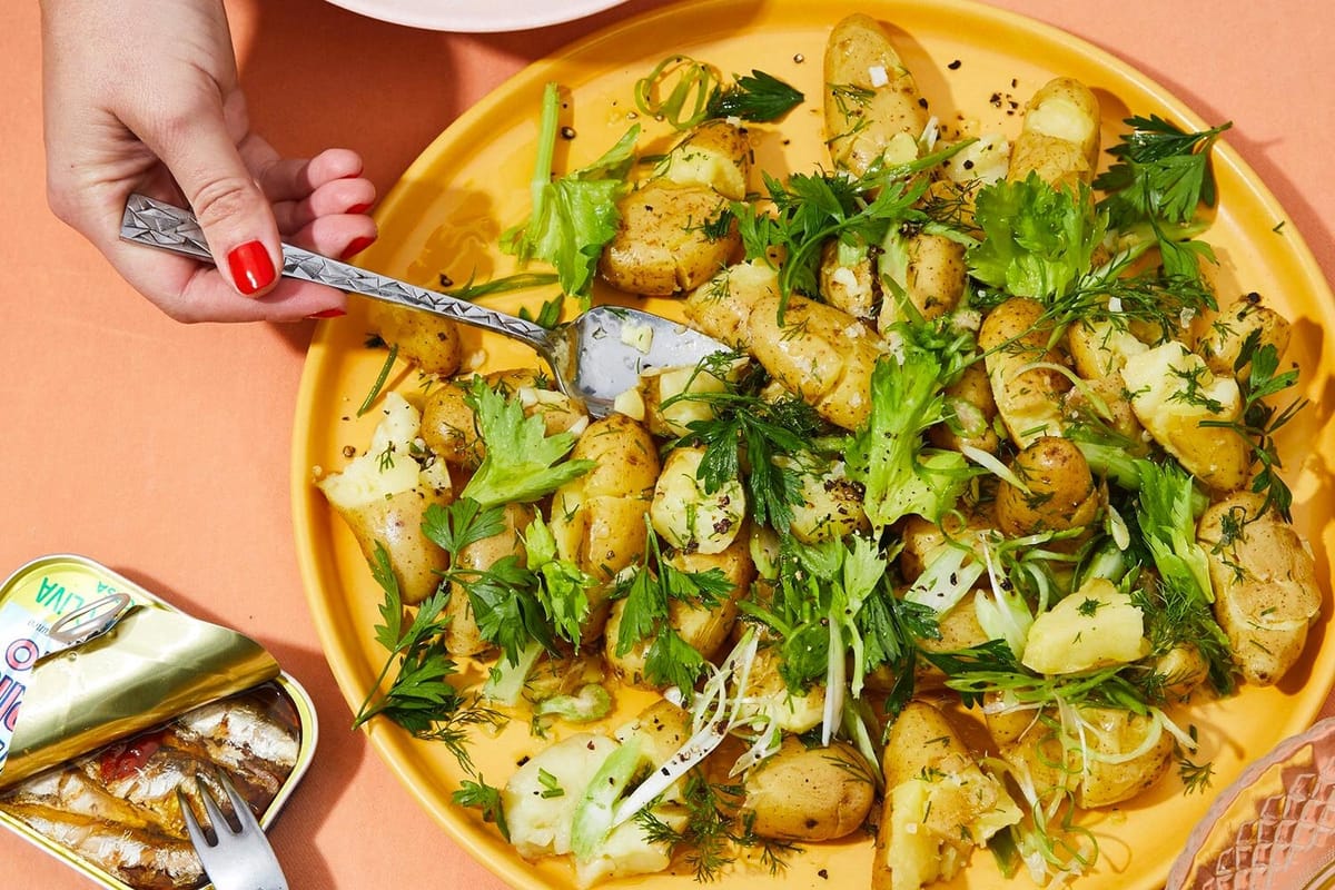 Crushed Baby Potatoes With Sardines, Celery, and Dill