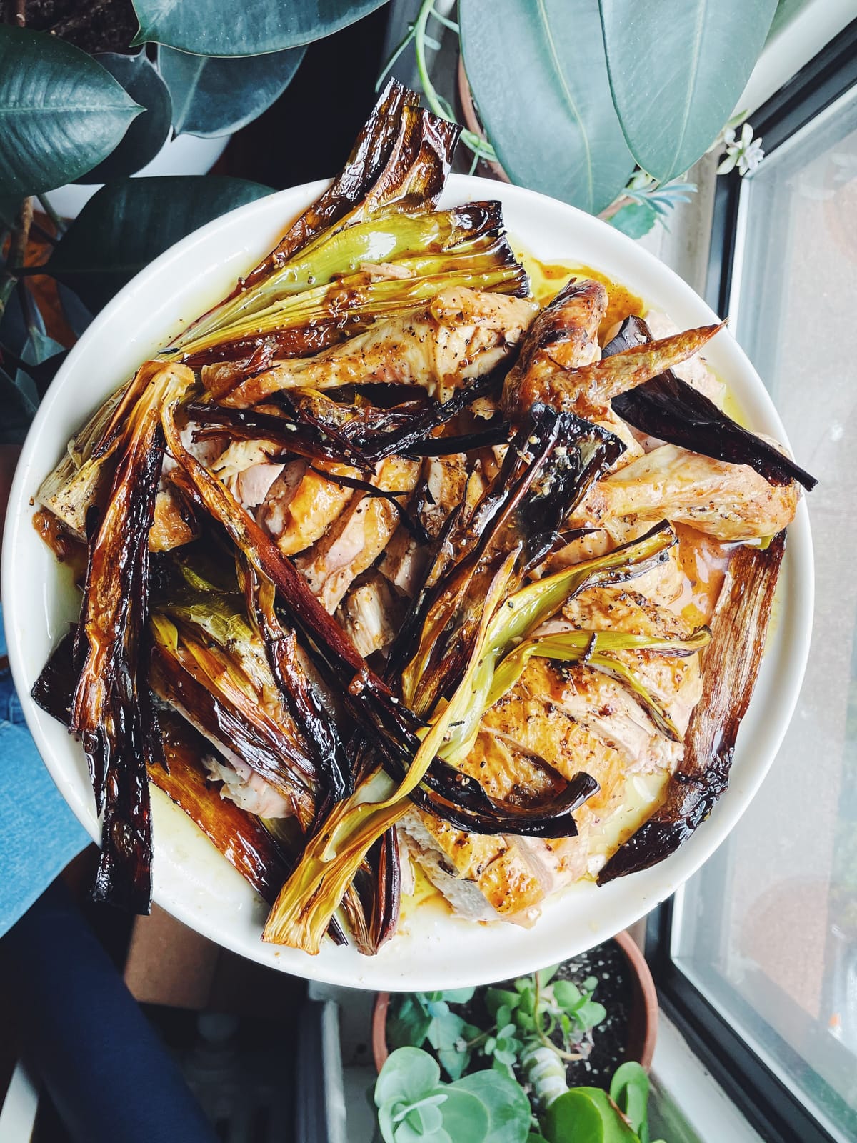 spring chicken with crispy leeks