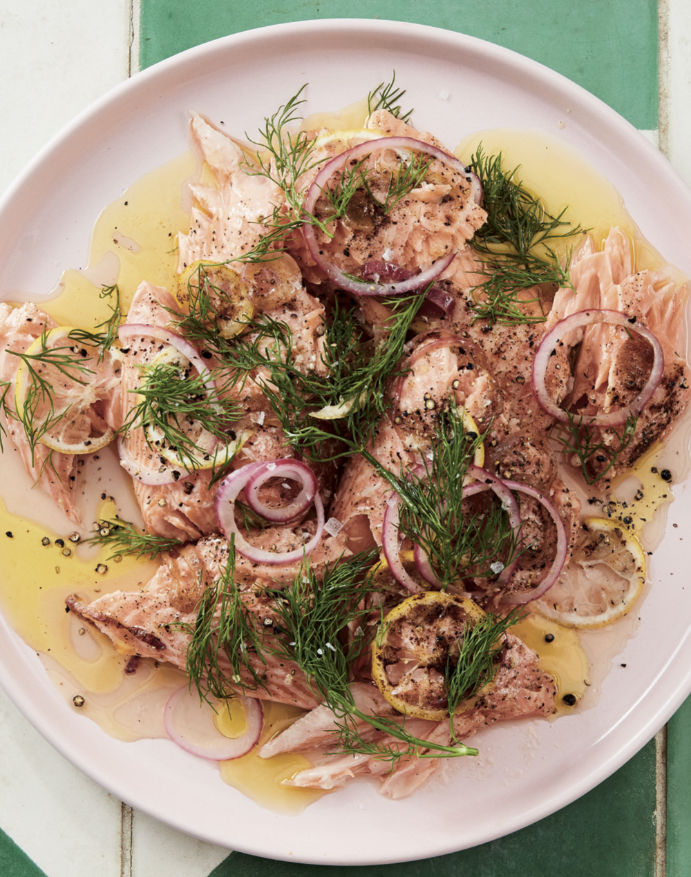 buttered salmon with red onion, capers and dill