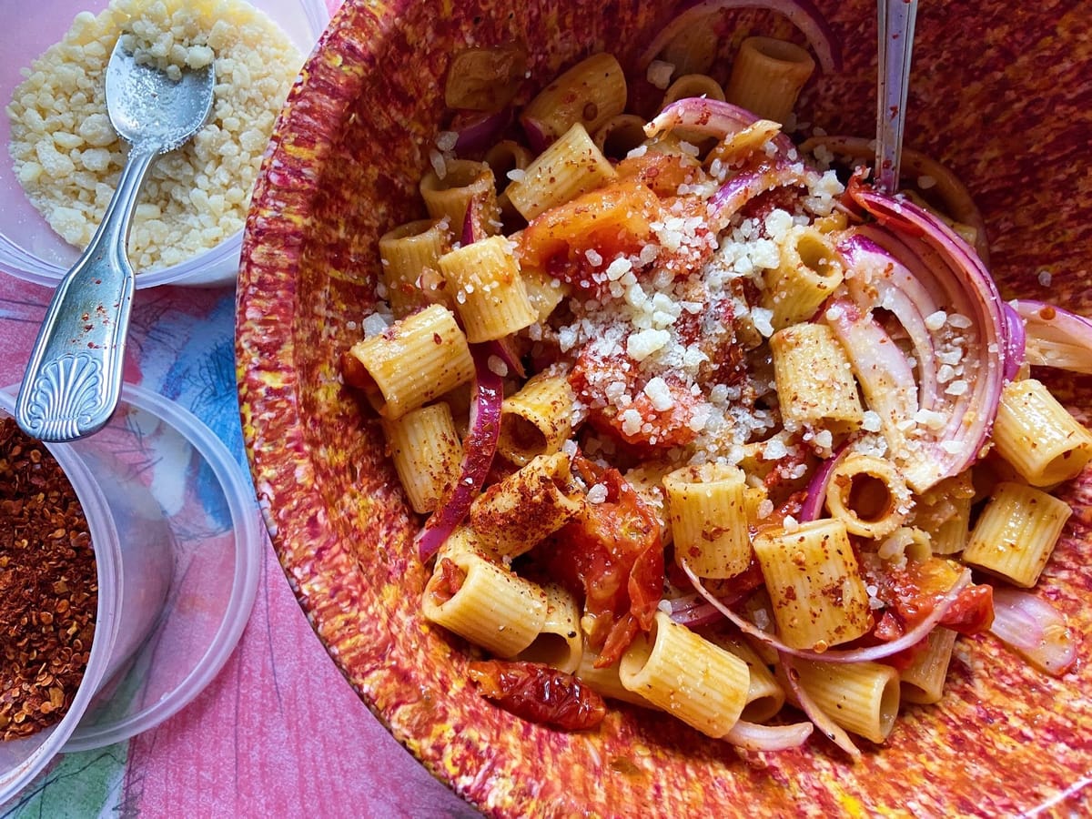 Secret Ingredient Pasta Salad with Jammy Tomatoes